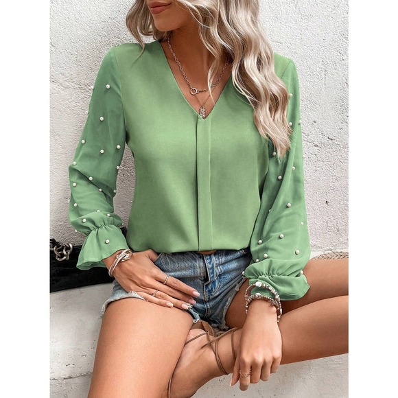 Preppy Contrast Mesh Pearl embellished Flounce Sleeve V Neck Blouse - Picture 5 of 6